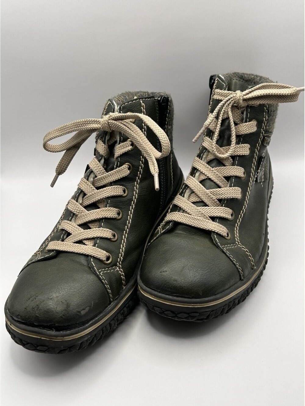 Rieker Tex Green Winter Ankle Boots Womens Fleece Lined Lace Up Side Zip Cozy